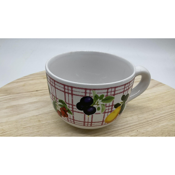 Ceramic Soup Mug Oversized Coffee Cup Fruit Pattern Red Plaid Handle Bowl VTG - Picture 1 of 5